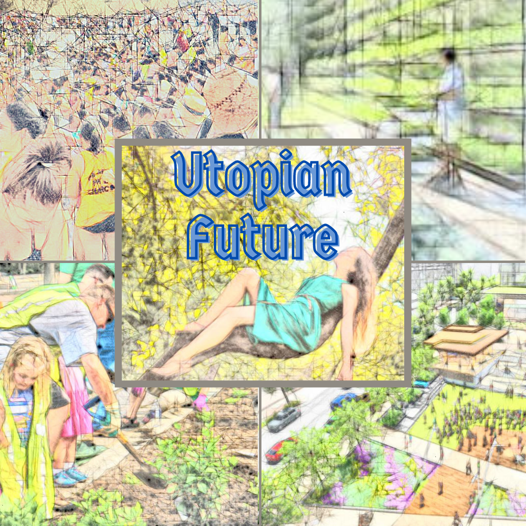 5 panel image. center: woman reclining on tree holding violin. top left: a crowd at a festival. top right: scientist/worker in front of greenhouse shelf full of plants. bottom left: community planting a garden. bottom right: town square in a walkable city. 
